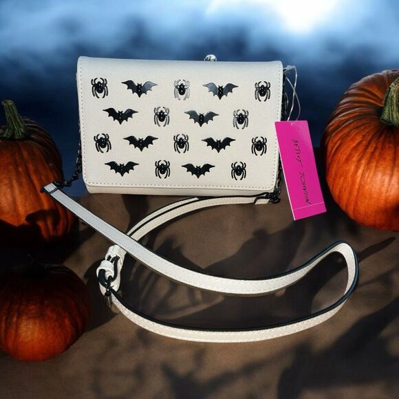 Betsey Johnson Handbags - Betsey Johnson Halloween Purse Cream Spider & Bat Studded Crossbody Bag NEW